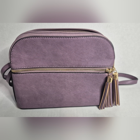 Dasein Crossbody Bag Purple Faux Leather Double Zip Tassel Purse - Picture 1 of 10